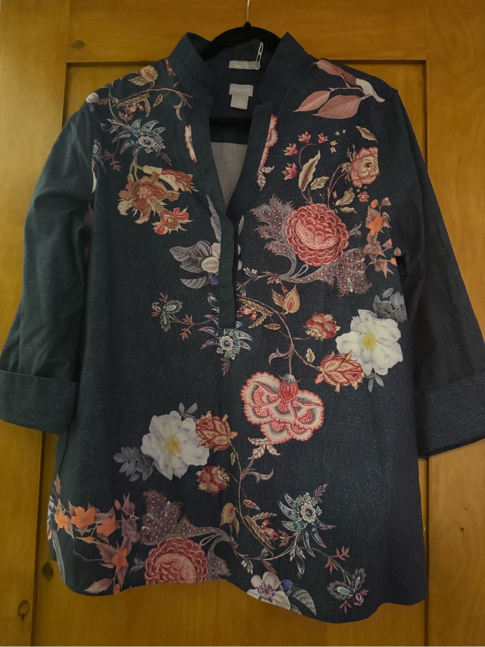 Chico's Navy Floral Mandarin-Collar Tunic